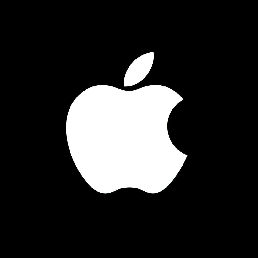 A black and white apple logo on a black background.