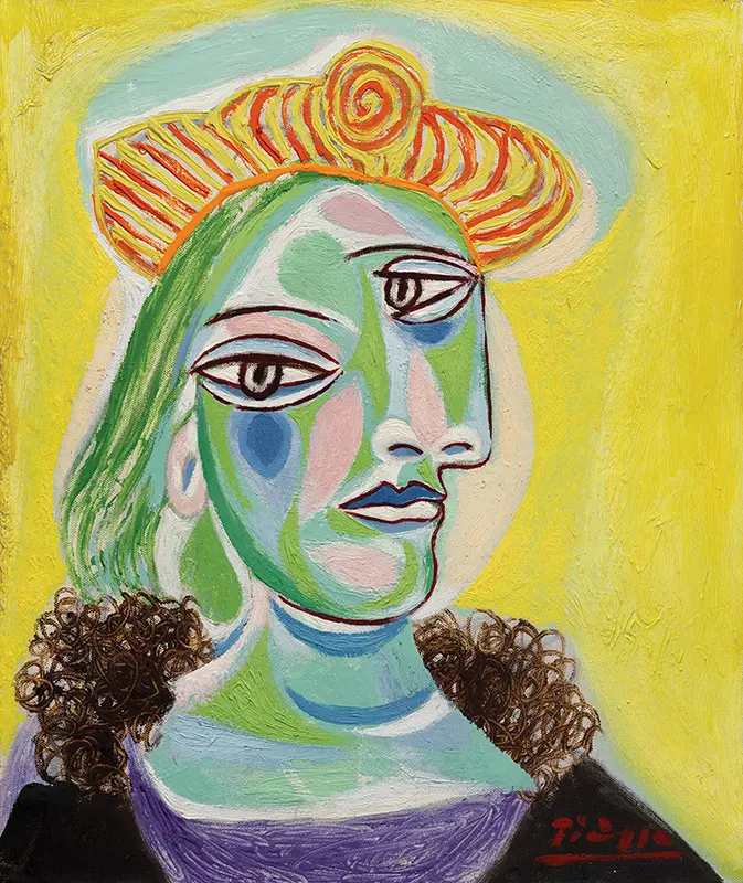 A painting of a woman with green hair and a yellow hat.