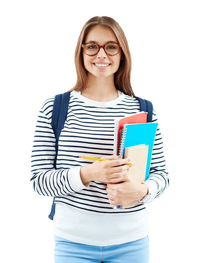 A woman holding books and wearing glasses.