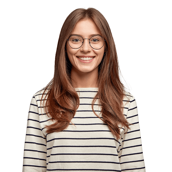 A woman with long hair wearing glasses and striped shirt.